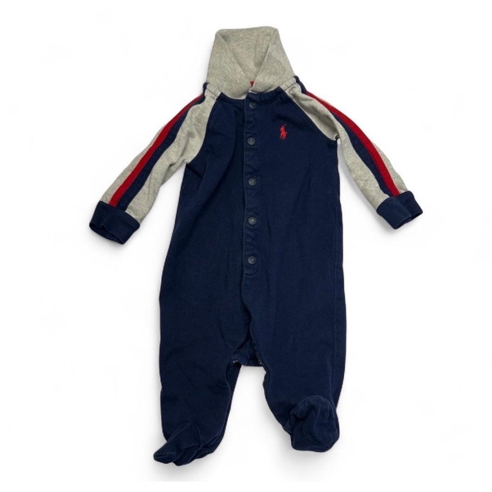 Ralph Lauren Baby Boy Navy Gray Red Stripe Footed Coverall Mock Neck 3M 60